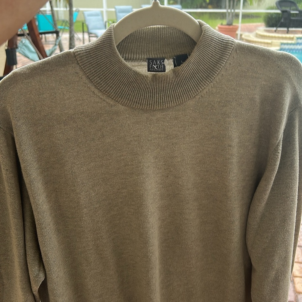 Saks Fifth Avenue Tan Brown sz L Cotton Blend Mock Neck Sweater EUC Stretch VTG - Picture 16 of 16